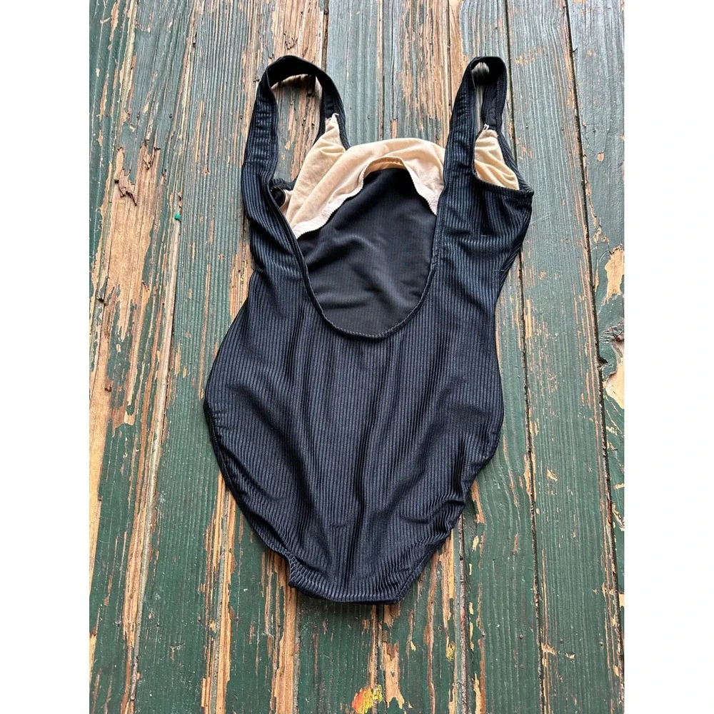 Vintage Ribbed One Piece Swimsuit Black Scoop Neck Tank Style 2324